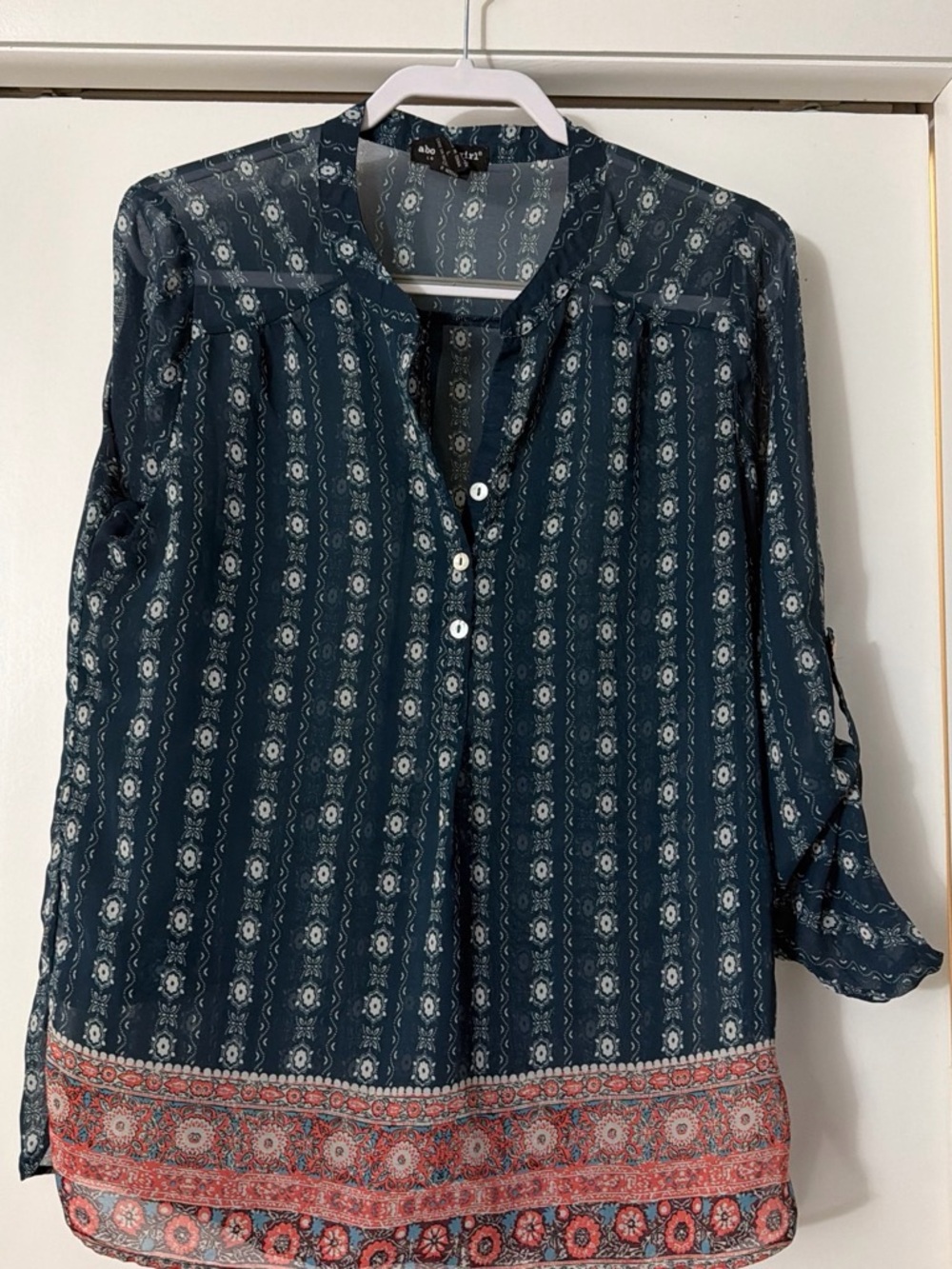 About A Girl Teal Paisley-Striped Button Front Blouse with Coral Border